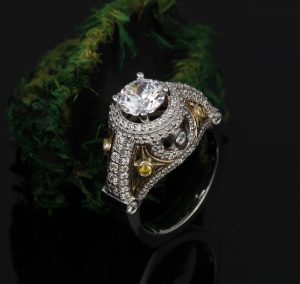 white gold round center diamond yellow double halo engagement ring vintage