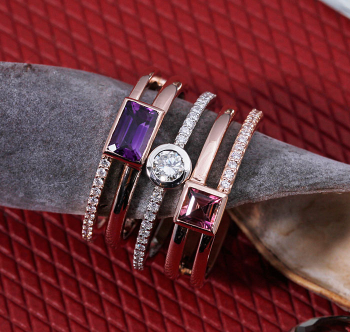 custom mothers ring stackable rings amethyst diamond pink tourmaline rose gold unique