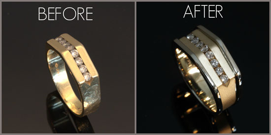 before after restoration mens diamond wedding ring two tone yellow white gold satin high polish