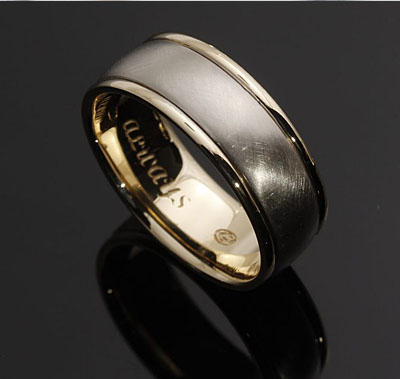 two tone yellow white gold mens ring band engraving message