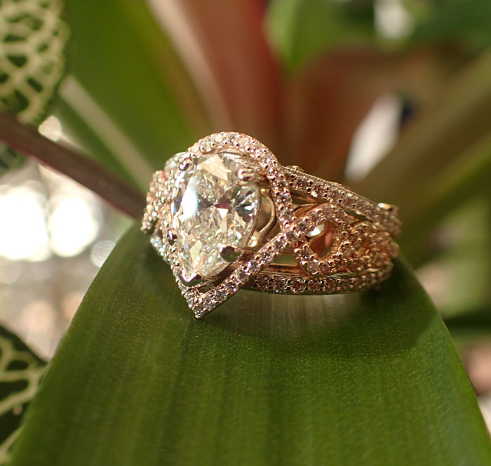 Modern Vintage Pear shape diamond center engagement ring